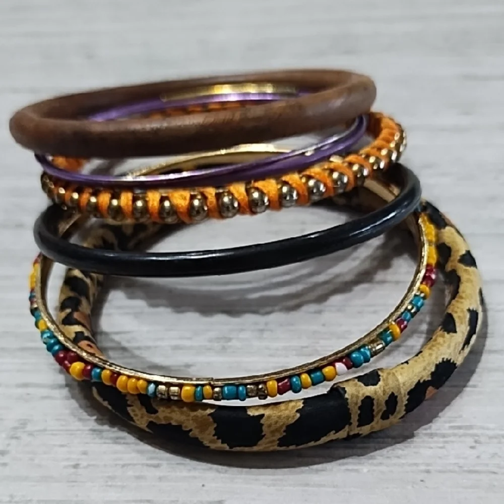 Set Of 6 Wacky Fun Multicolor Bangle Bracelets Wood Metal Beaded Wrapped Plastic